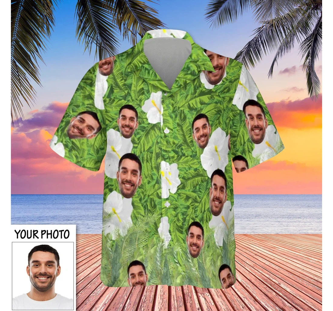 Personalized Custom Face Green Leaves Best Gift Son Hawaiian Shirt, Button Up Aloha Shirt For Men, Women
