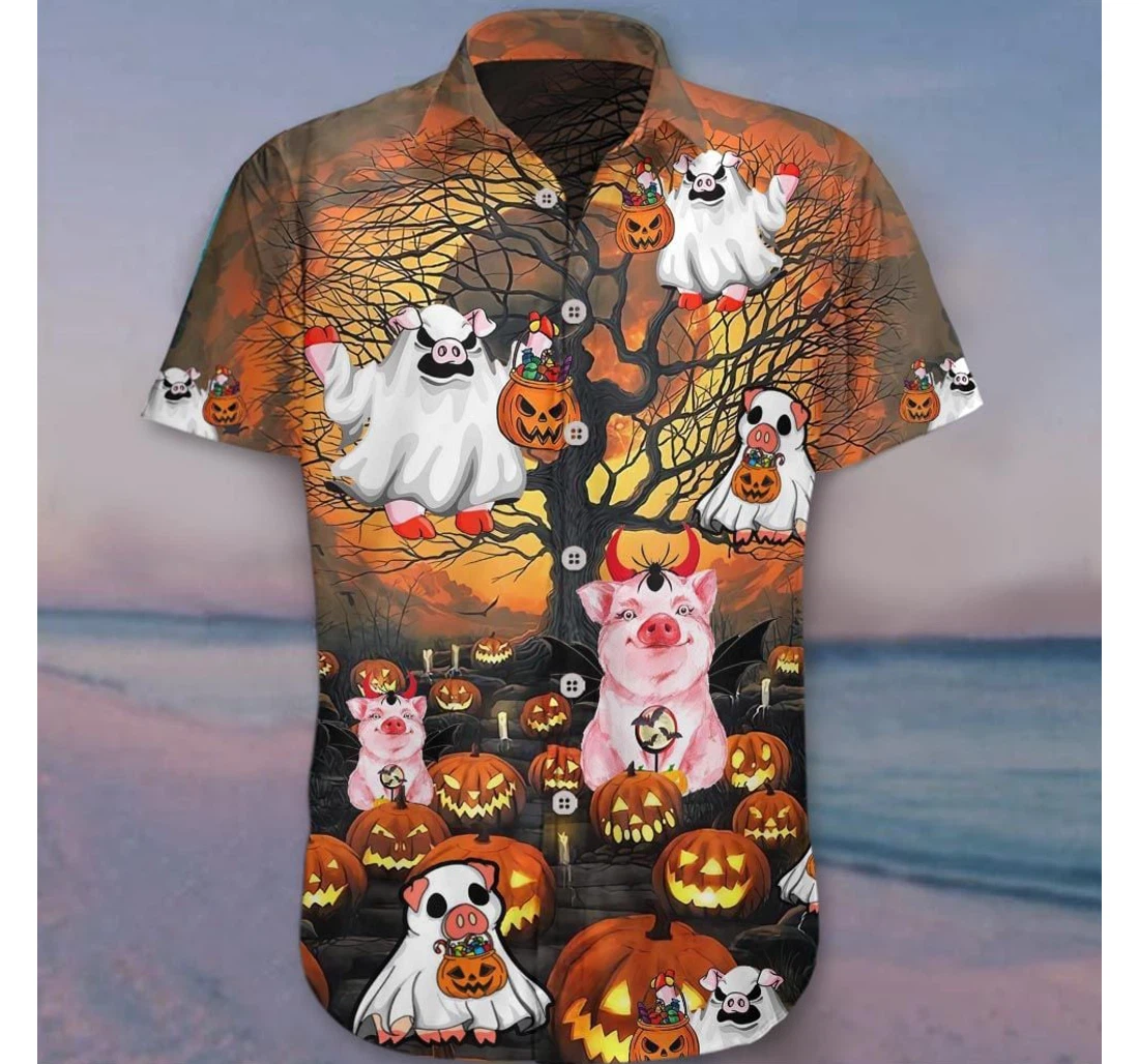 Personalized Pig Halloween Pumpkin Cute Halloween Graphic Tee Hawaiian Shirt, Button Up Aloha Shirt For Men, Women