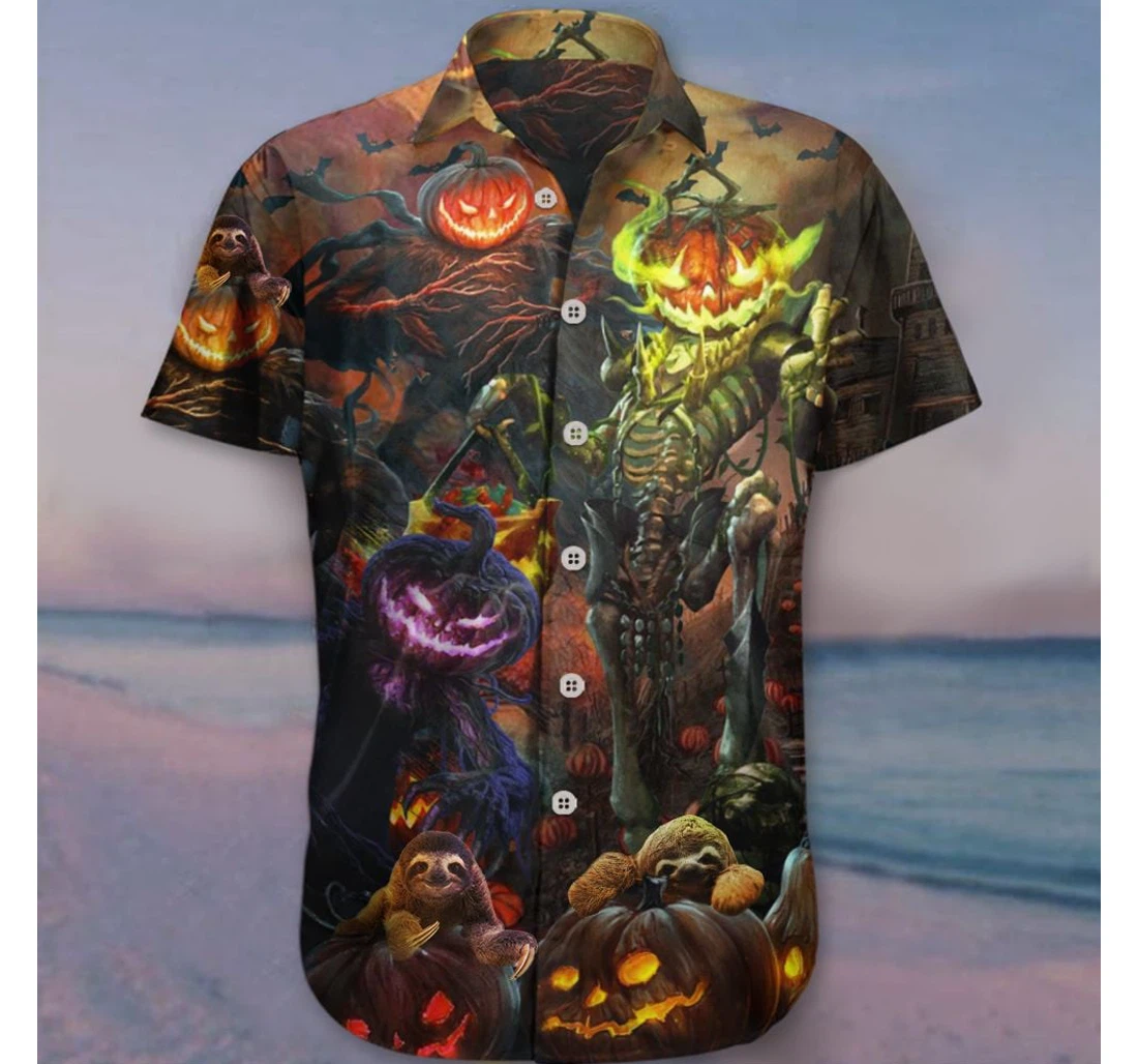 Personalized Sloth Halloween Pumpkin Graphic Halloween Gift Adults Hawaiian Shirt, Button Up Aloha Shirt For Men, Women