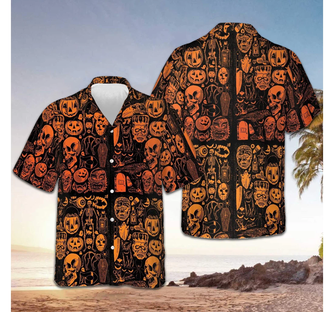 Personalized Skull Pumpkin Halloween Horror Themed Halloween Hawaiian Shirt, Button Up Aloha Shirt For Men, Women