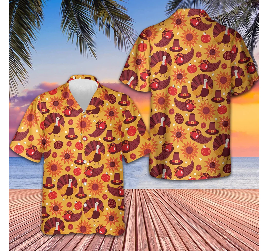 Personalized Thanksgiving Day Pattern Turkey Pumpkin Hat Matching Thanksgiving Hawaiian Shirt, Button Up Aloha Shirt For Men, Women