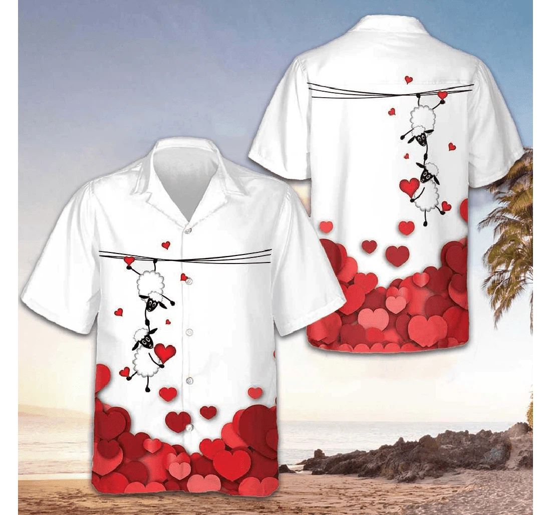 Personalized Valentine Sheep With Red Hearts Valentine Day Gifts Couples Hawaiian Shirt, Button Up Aloha Shirt For Men, Women