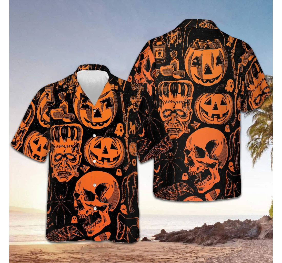 Personalized Skull Pumpkin Halloween Spooky Halloween Hawaiian Shirt, Button Up Aloha Shirt For Men, Women