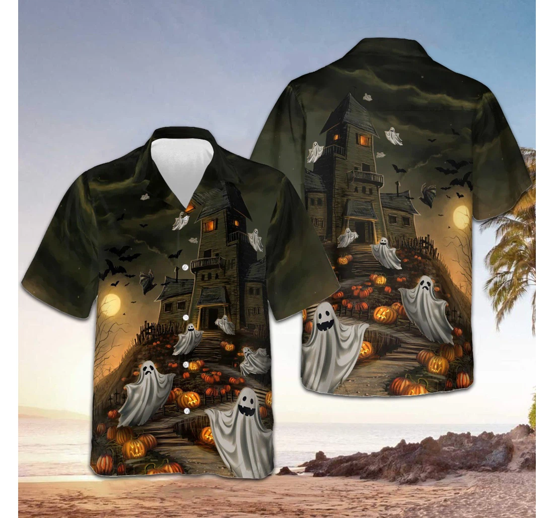 Personalized Haunted House Ghost Halloween Spirit Halloween Hawaiian Shirt, Button Up Aloha Shirt For Men, Women