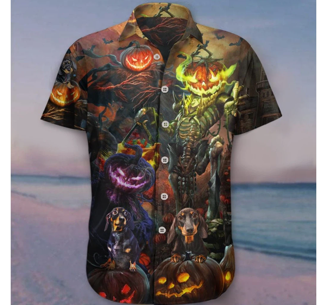 Personalized Weiner Dog Halloween Themed Halloween Graphic Tee Hawaiian Shirt, Button Up Aloha Shirt For Men, Women