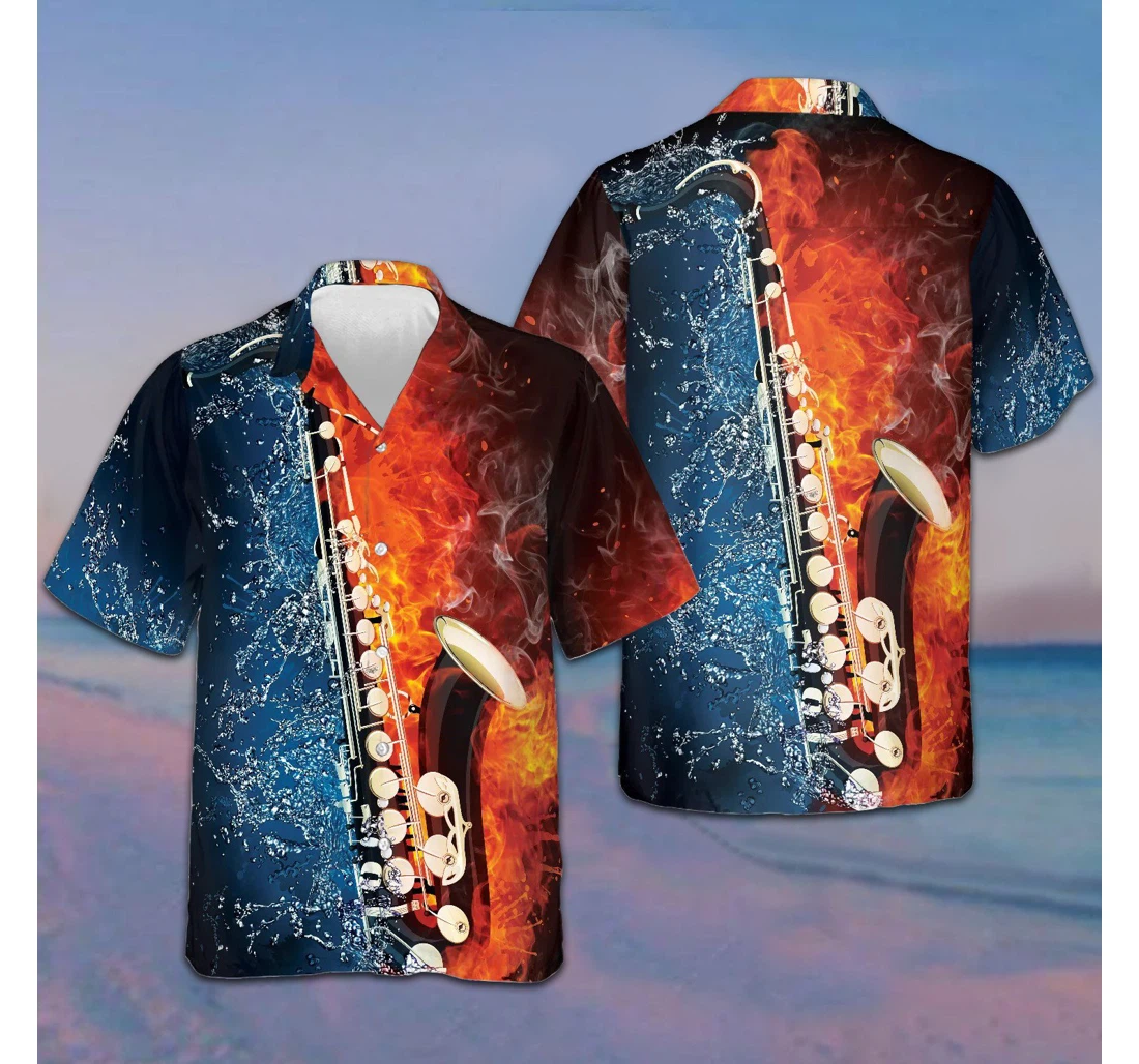 Personalized Saxophone With Water And Flame Saxophone Lover Hawaiian Shirt, Button Up Aloha Shirt For Men, Women