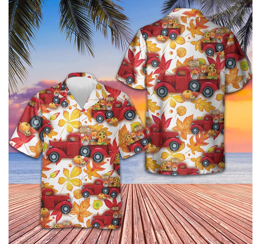 Personalized Thanksgiving Fall Leaves And Pumpkin Truck Cute Thanksgiving Hawaiian Shirt, Button Up Aloha Shirt For Men, Women