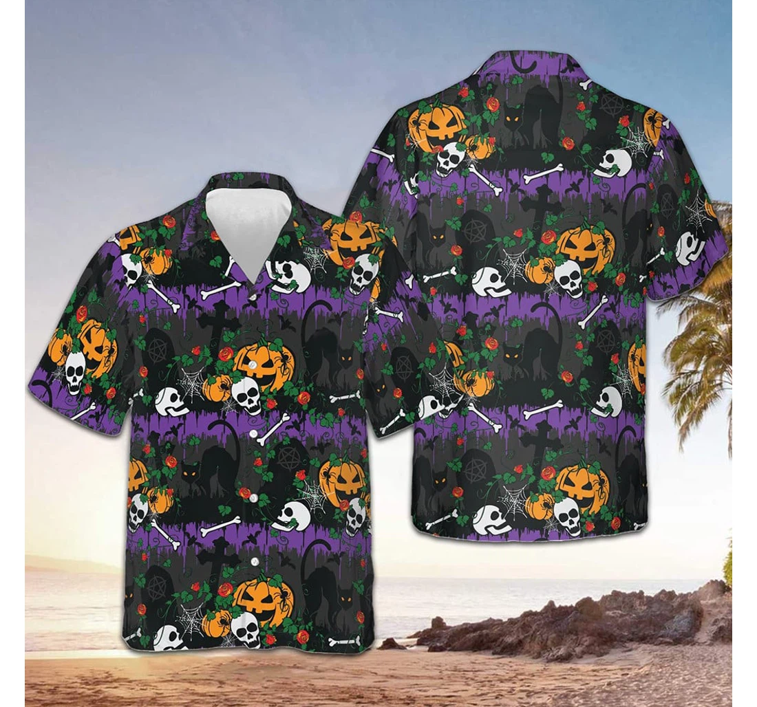 Personalized Black Cats Pumpkin Halloween Themed Halloween Hawaiian Shirt, Button Up Aloha Shirt For Men, Women