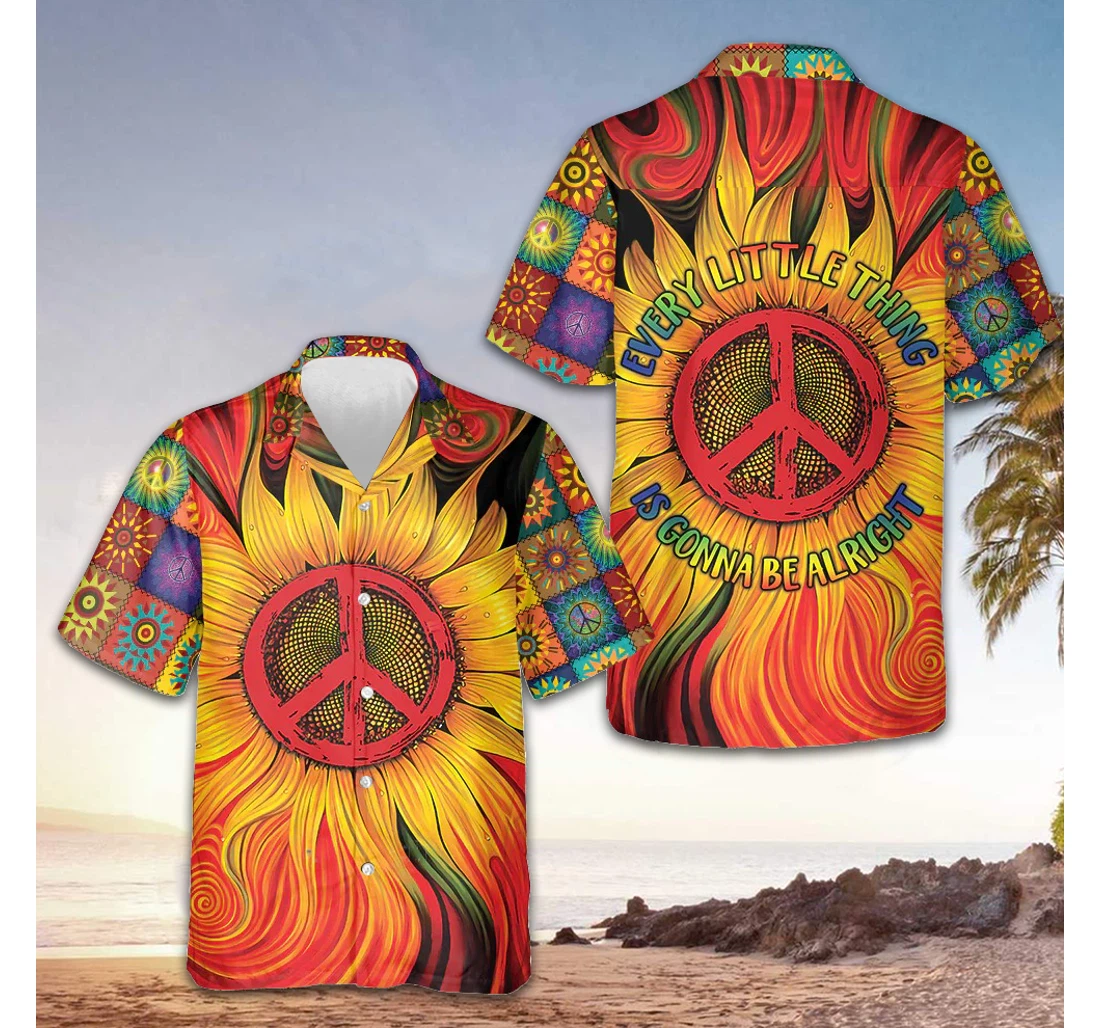 Personalized Hippie Sunflower Peace Every Little Thing Is Gonna Be Alright Hawaiian Shirt, Button Up Aloha Shirt For Men, Women