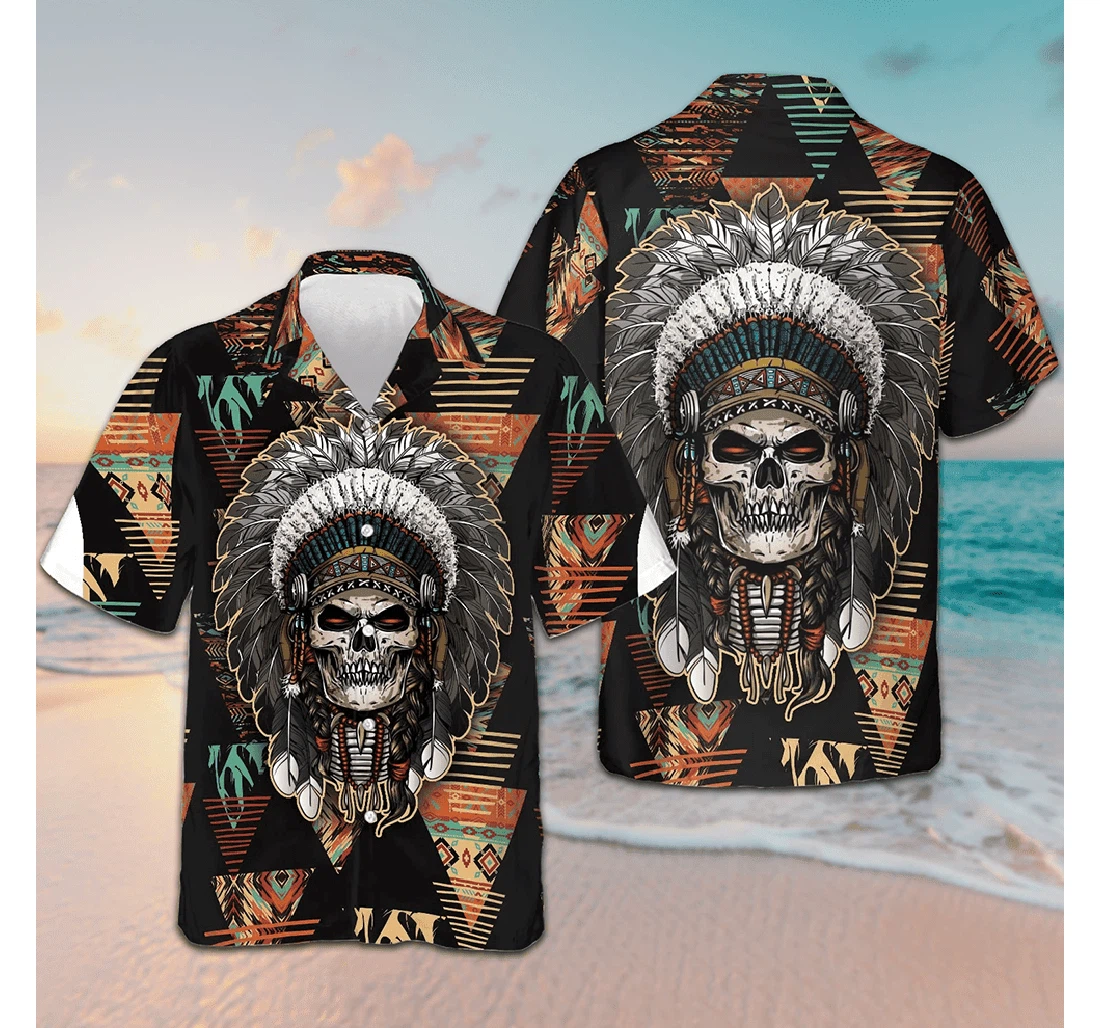 Personalized Indian Skull With Tribal Ethnic Pattern Hawaiian Shirt, Button Up Aloha Shirt For Men, Women