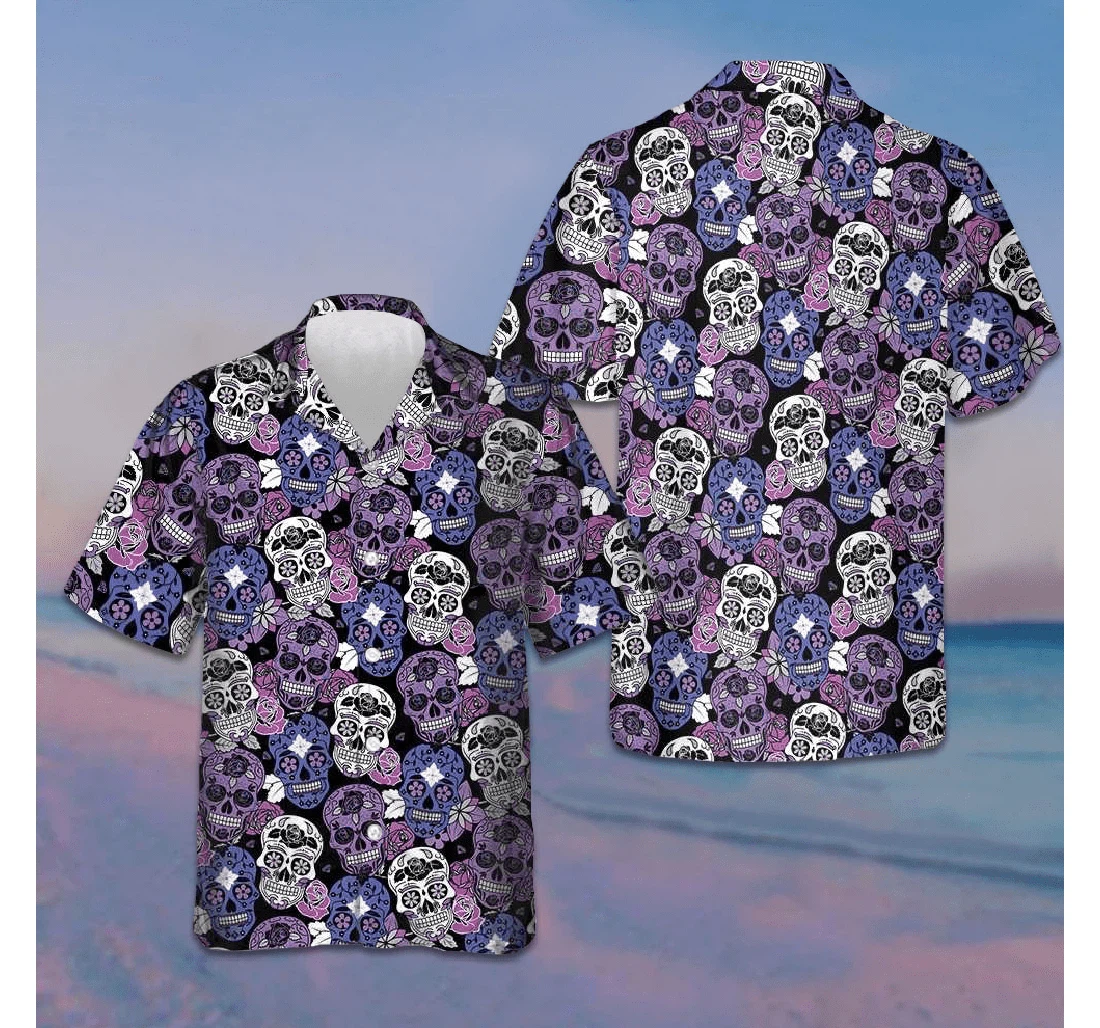Personalized Sugar Skull Purple Mexican Skull Day Of The Dead Ideas Hawaiian Shirt, Button Up Aloha Shirt For Men, Women