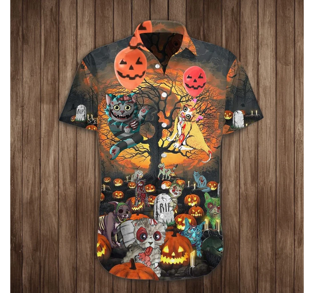 Personalized Cat Pumpkin Halloween Cat Themed Halloween Apparel Hawaiian Shirt, Button Up Aloha Shirt For Men, Women