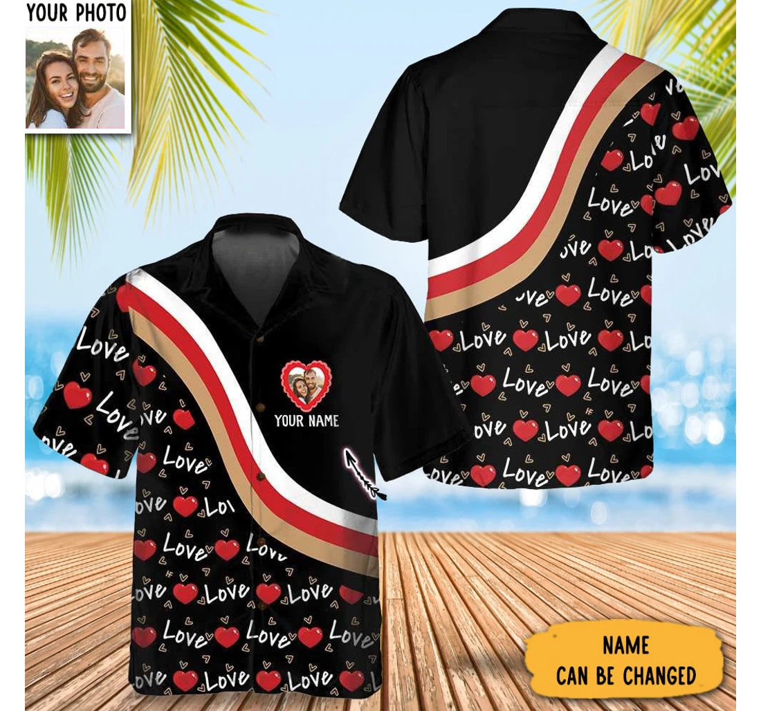 Personalized Custom Couple Name And Picture Valentine Couples Valentines Day Gift Hawaiian Shirt, Button Up Aloha Shirt For Men, Women