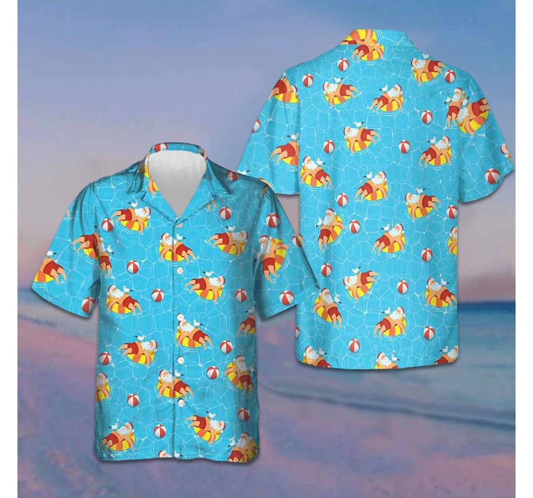 Personalized Santa Claus In Swimming Pool Pattern Funny Santa Blue Hawaiian Shirt, Button Up Aloha Shirt For Men, Women