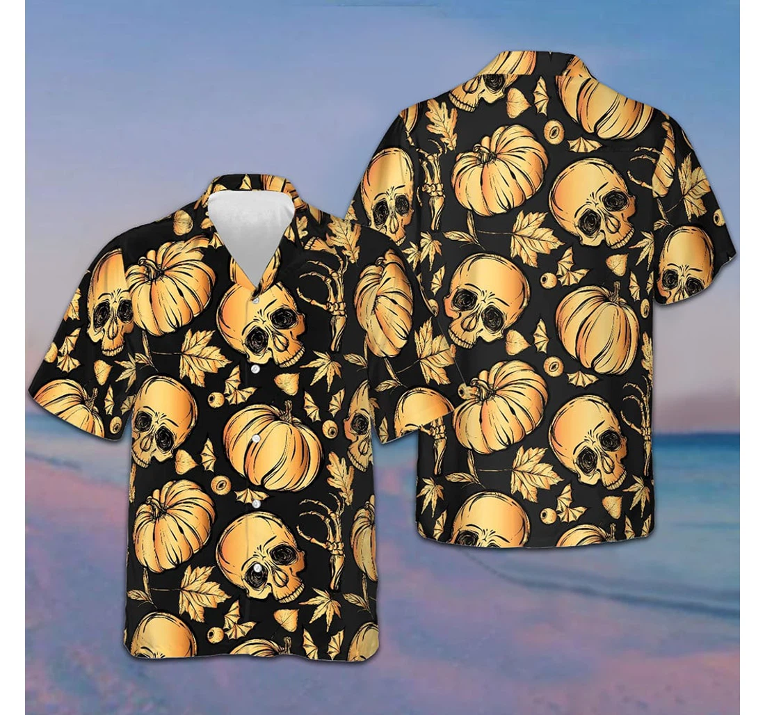 Personalized Pumpkin And Skull Halloween Halloween Gifts Hawaiian Shirt, Button Up Aloha Shirt For Men, Women