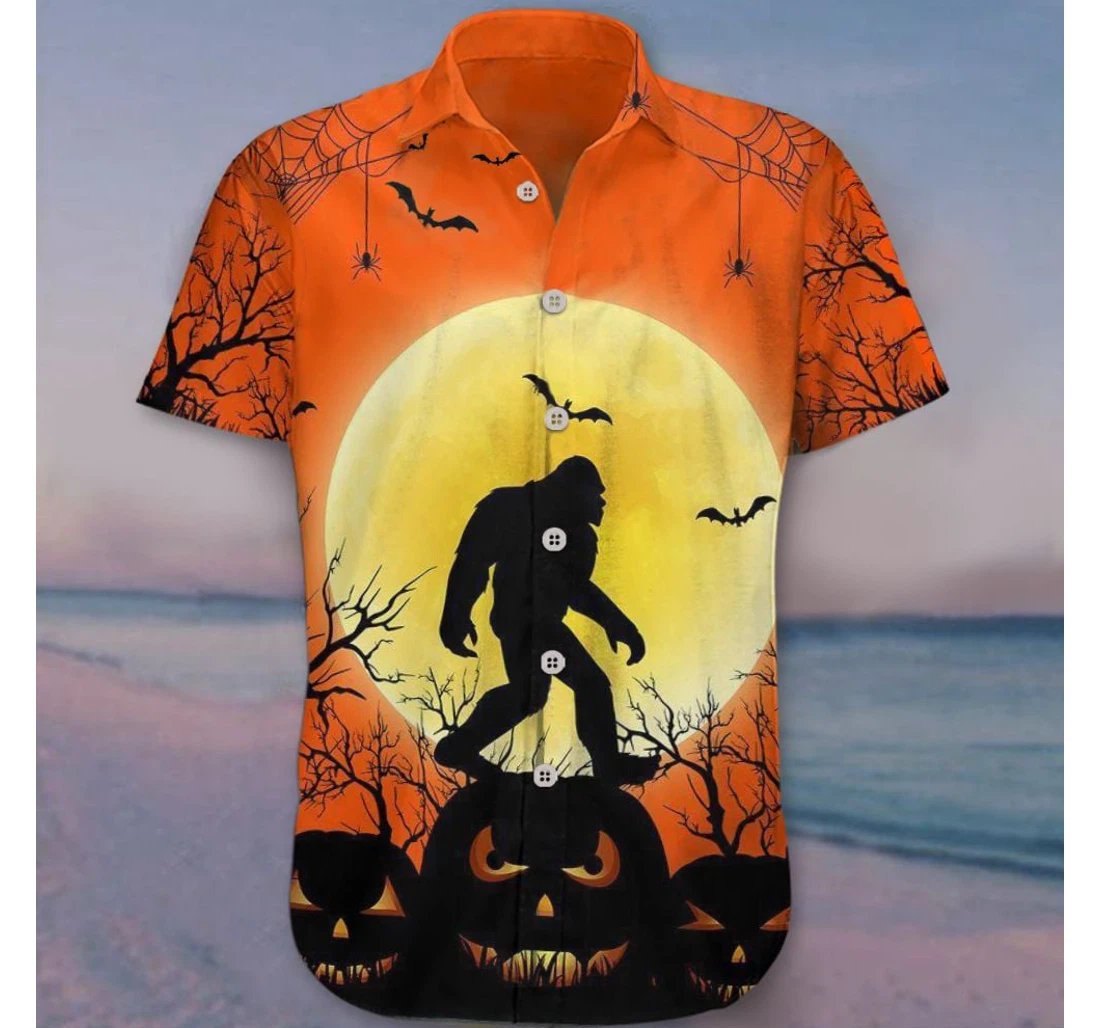 Personalized Bigfoot Halloween Pumpkin Sasquatch Halloween Themed Hawaiian Shirt, Button Up Aloha Shirt For Men, Women