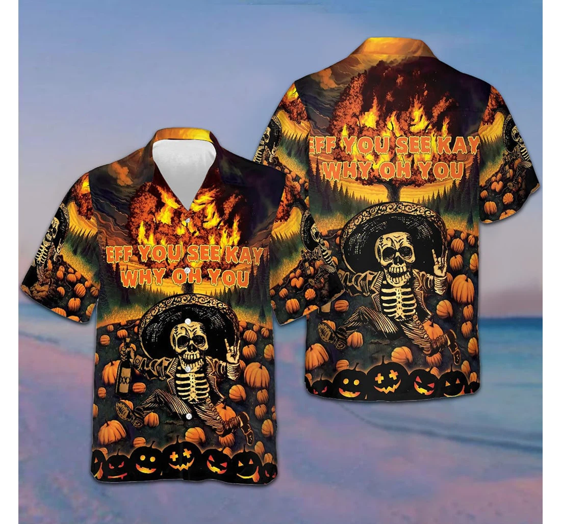 Personalized The Burning Pumpkin Sky And Skeleton Halloween Bff You See Kay Why Oh You Hawaiian Shirt, Button Up Aloha Shirt For Men, Women