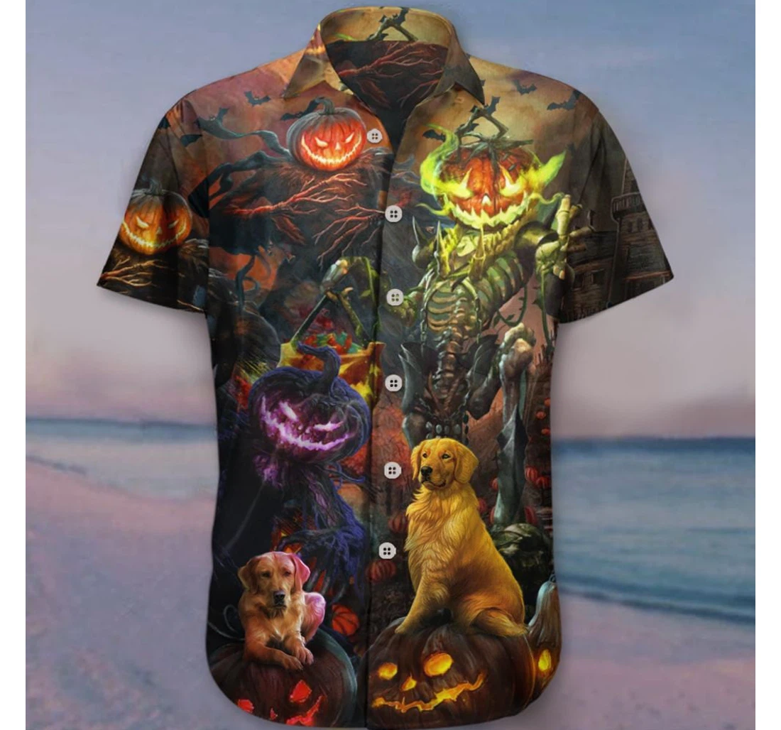 Personalized Golden Retriever Pumpkin King Halloween Halloween Themed Clothing Adults Hawaiian Shirt, Button Up Aloha Shirt For Men, Women