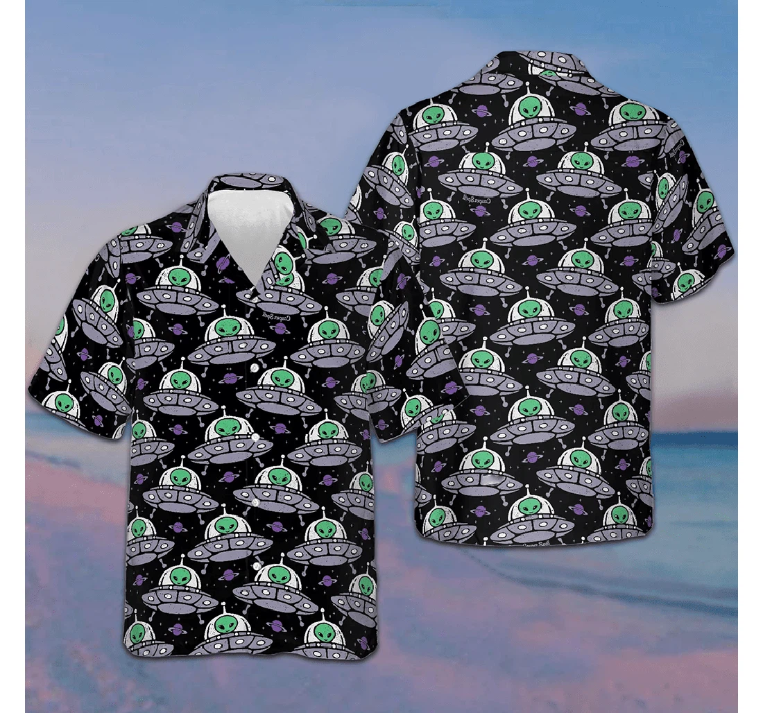 Personalized Retro Alien On Space Ship Gift Hawaiian Shirt, Button Up Aloha Shirt For Men, Women
