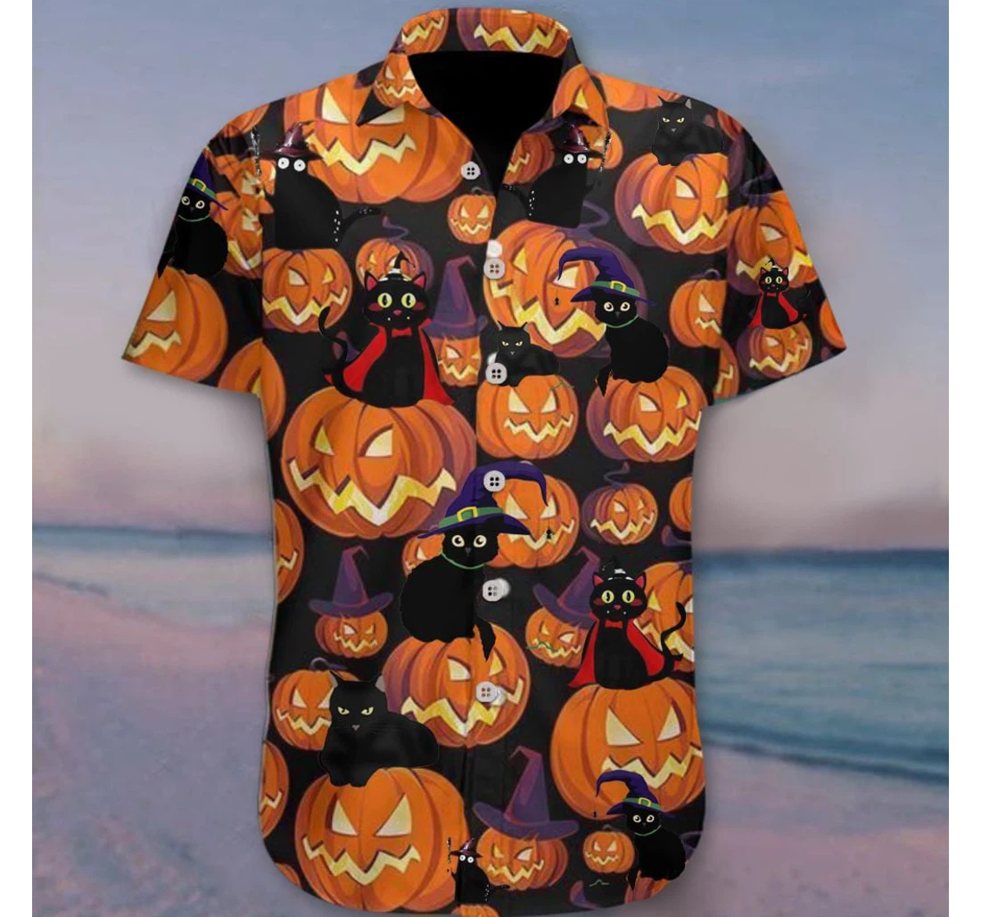 Personalized Black Cat Halloween Orange Pumpkin Halloween Themed Gift Hawaiian Shirt, Button Up Aloha Shirt For Men, Women