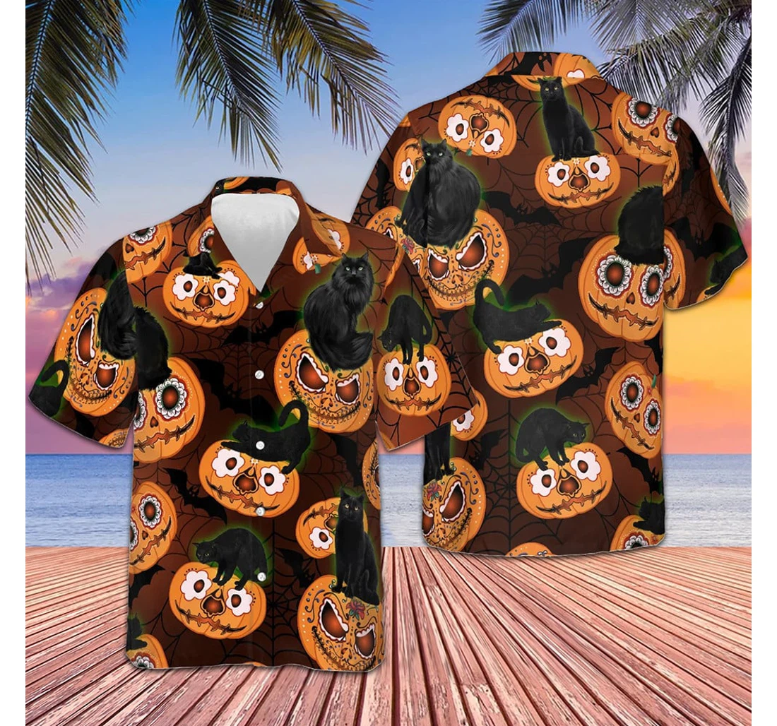 Personalized Black Cats Are Awesome Halloween Pumpkin Gift Ideas Hawaiian Shirt, Button Up Aloha Shirt For Men, Women