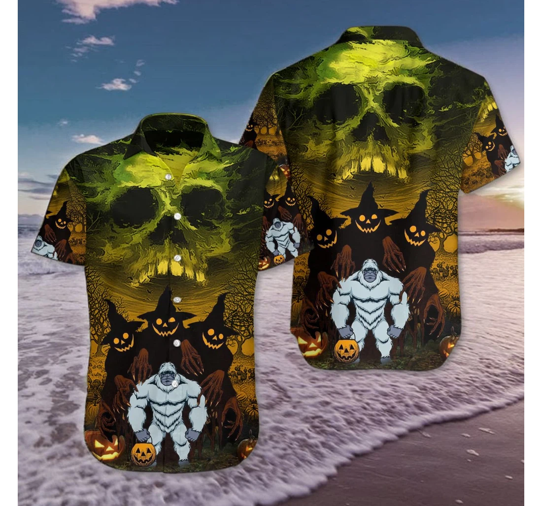 Personalized Skull Bigfoot Halloween Halloween Halloween Sky Hawaiian Shirt, Button Up Aloha Shirt For Men, Women