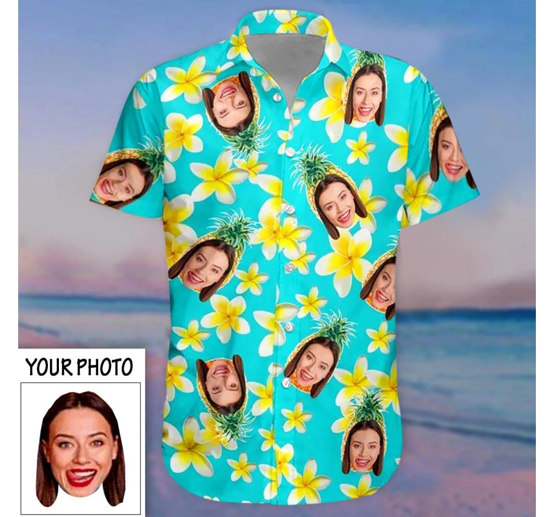 Personalized Photo Pineapple Plumeria Face Hawaiian Shirt, Button Up Aloha Shirt For Men, Women