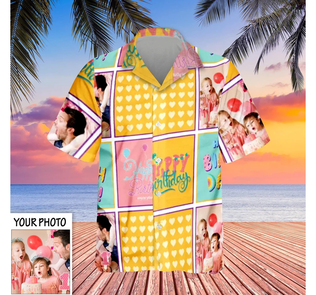 Personalized Photo Happy Birthday With Picture Custom Birthday Gifts Hawaiian Shirt, Button Up Aloha Shirt For Men, Women