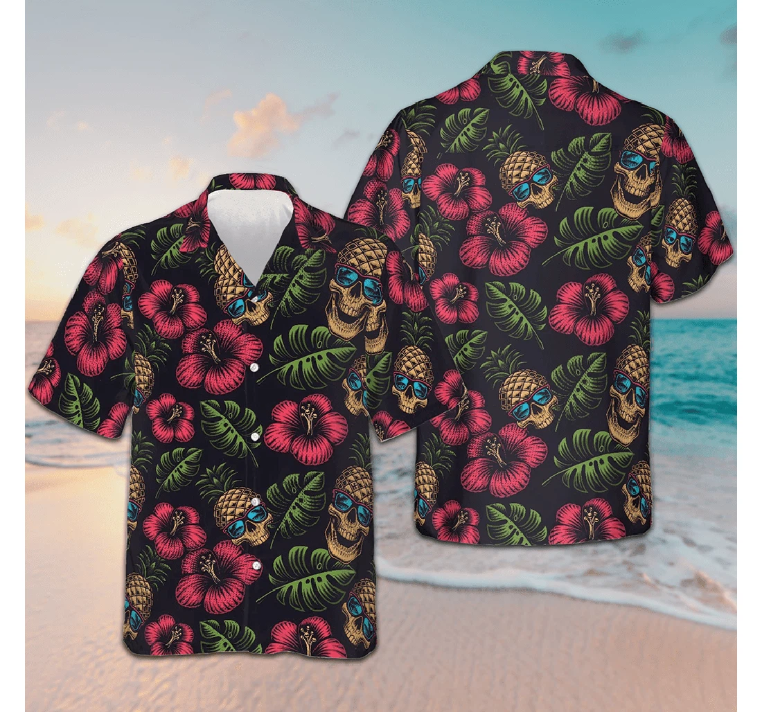 Personalized Pineapple Skull Hibiscus Flowers Black Gift Hawaiian Shirt, Button Up Aloha Shirt For Men, Women
