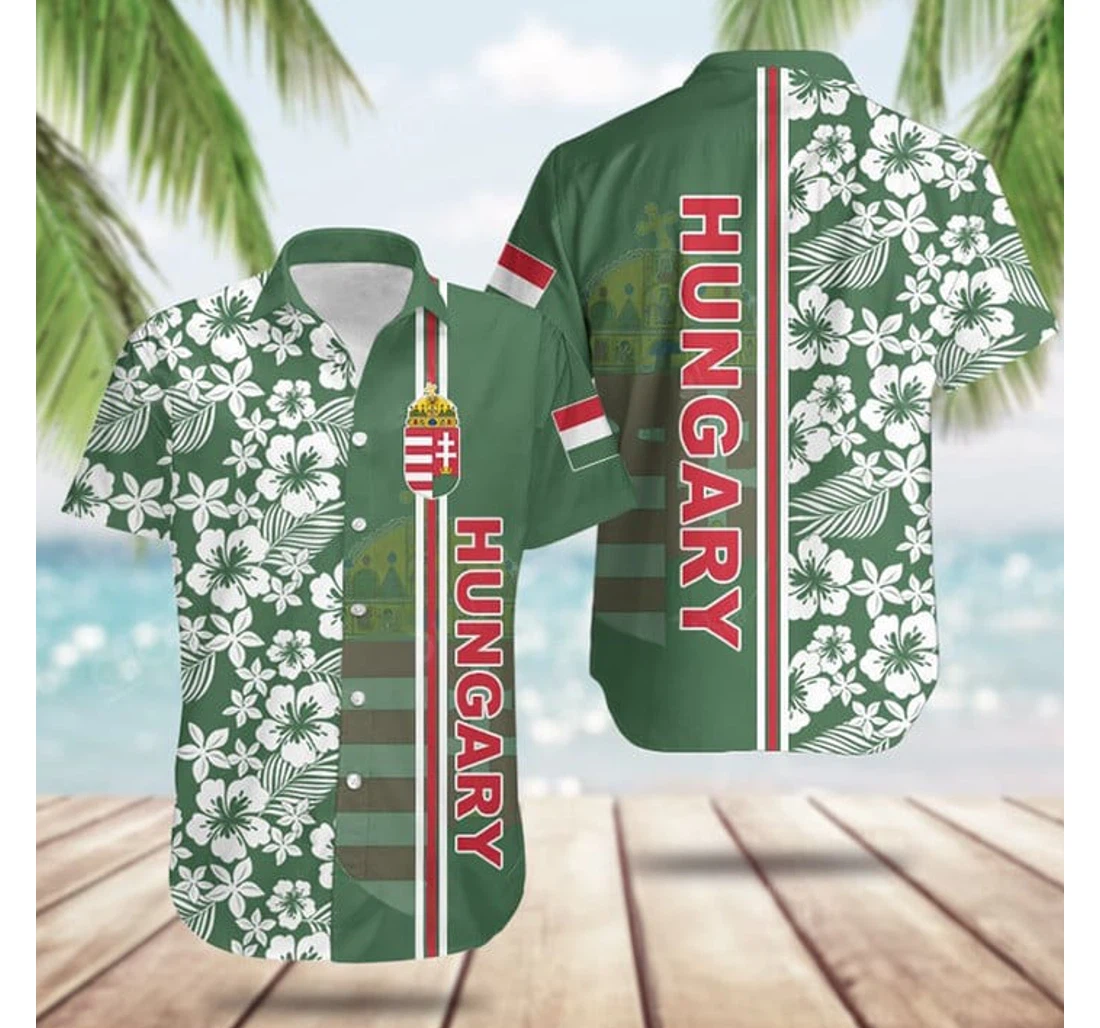 Personalized Hungary Coat Of Arms Hibiscus Pattern Best Gifts Hungarians Hawaiian Shirt, Button Up Aloha Shirt For Men, Women