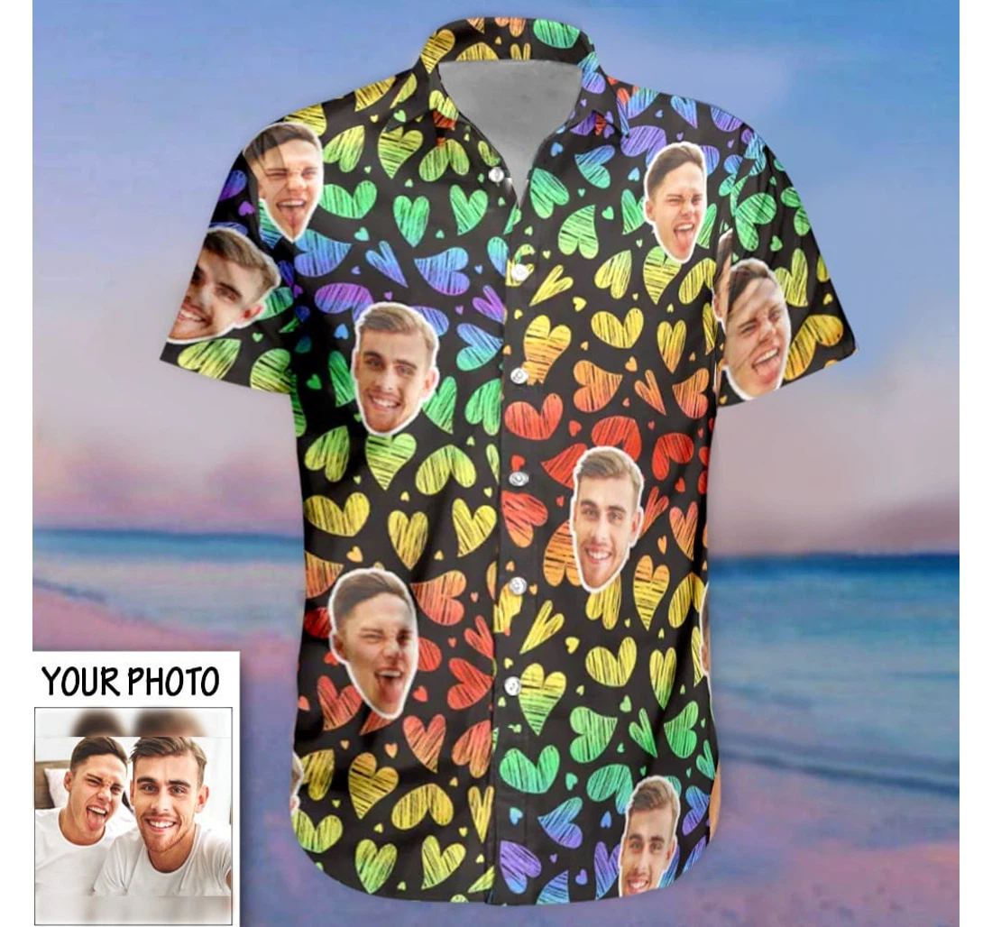 Personalized Custom Photo Lgbtq Pride Heart Gay Gifts Boyfriend Hawaiian Shirt, Button Up Aloha Shirt For Men, Women