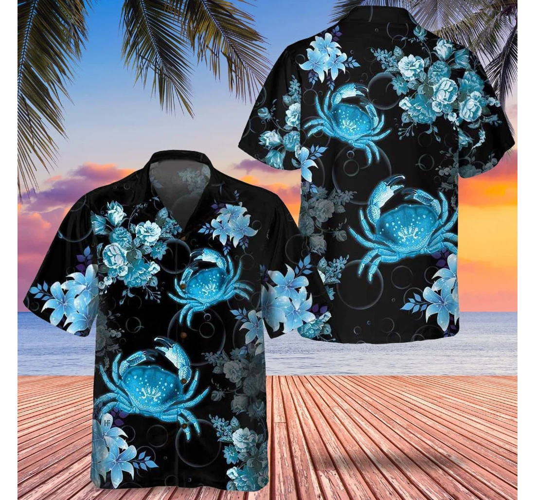 Personalized Blue Crab And Flowers Black Best Gift Husband Hawaiian Shirt, Button Up Aloha Shirt For Men, Women