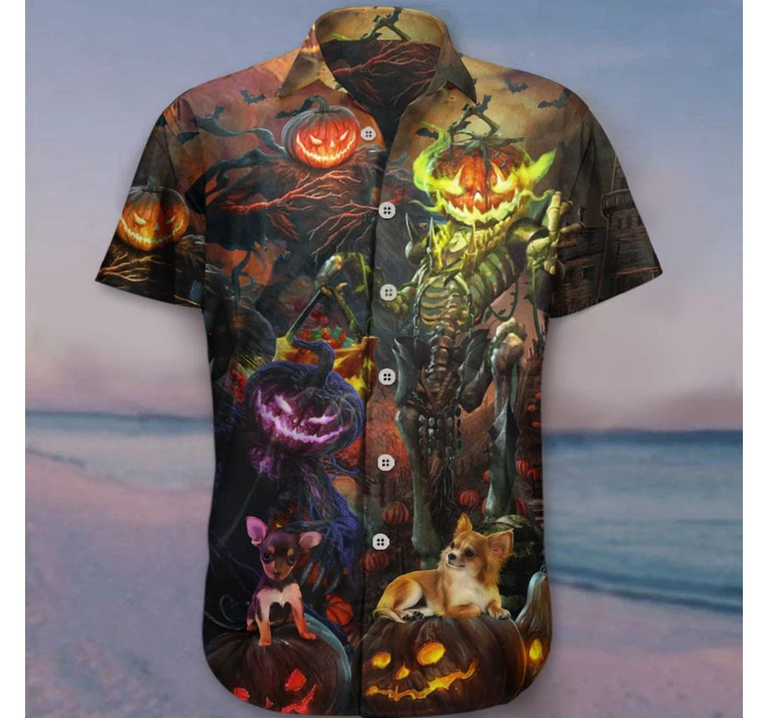 Personalized Chihuahua Pumpkin King Halloween Apparel Halloween Gift Ideas Adults Hawaiian Shirt, Button Up Aloha Shirt For Men, Women