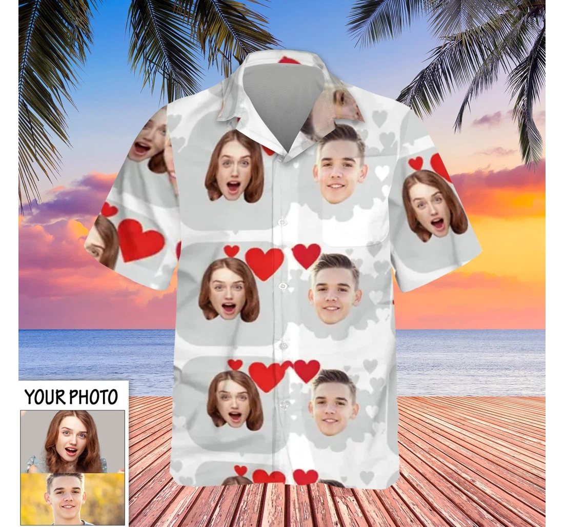 Personalized Custom Photo With Faces Red Heart Funny Valentine's Day Gift Him Hawaiian Shirt, Button Up Aloha Shirt For Men, Women
