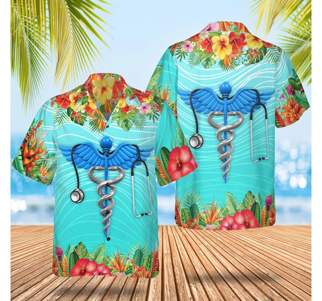 Personalized Caduceus Symbol And Stethoscope Cool Gifts Nurse Hawaiian Shirt, Button Up Aloha Shirt For Men, Women