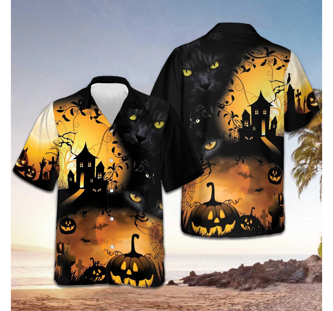 Personalized Black Cat Halloween Night Pumpkin Black Cat Halloween Hawaiian Shirt, Button Up Aloha Shirt For Men, Women