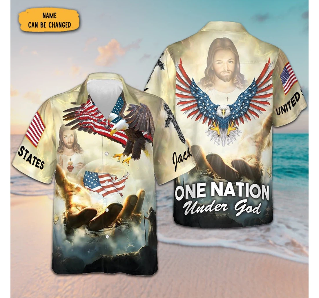 Personalized Christian One Nation Under God Us Eagle Jesus Hawaiian Shirt, Button Up Aloha Shirt For Men, Women