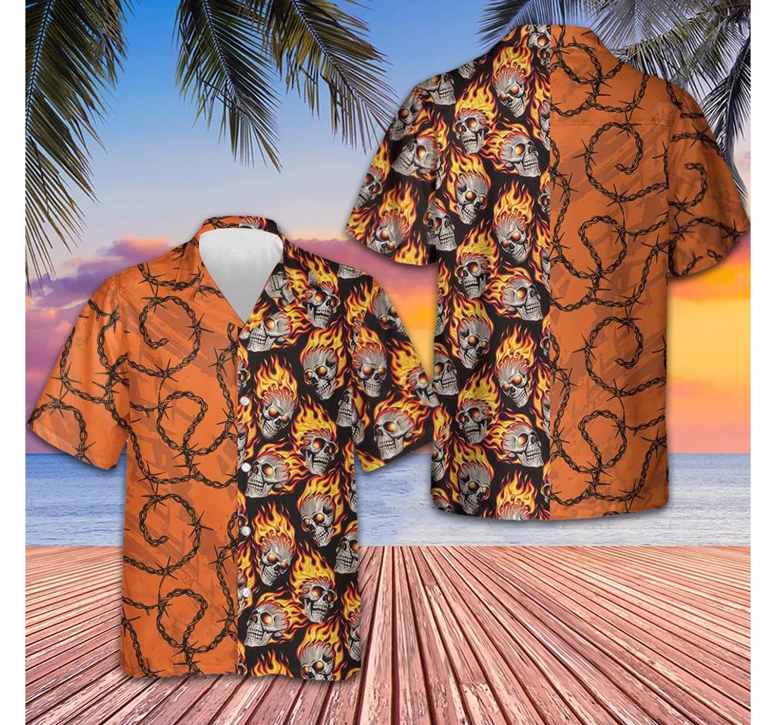 Personalized Barbwire Fire Skull Biker Motorcycle Gift Bikers Hawaiian Shirt, Button Up Aloha Shirt For Men, Women