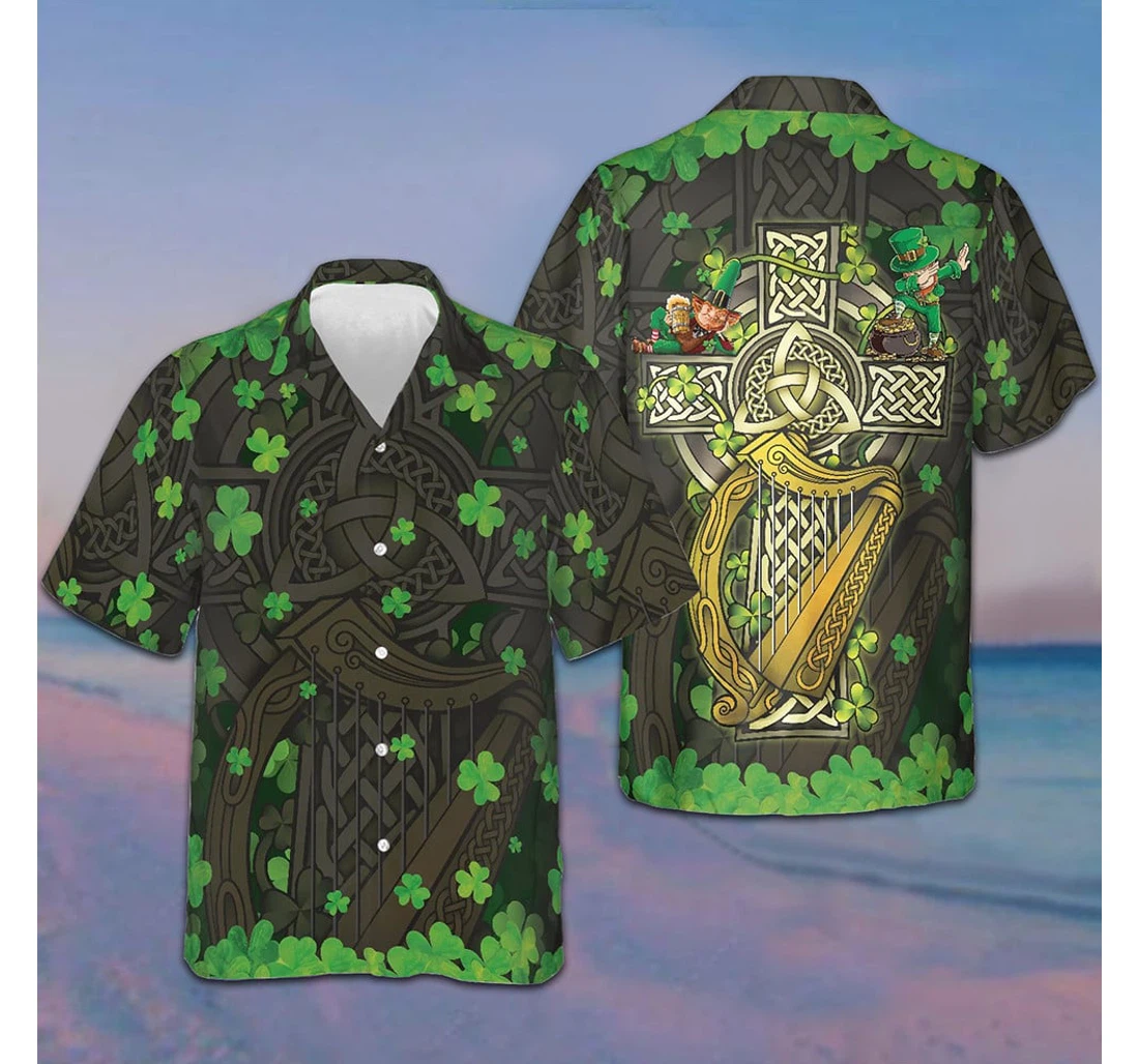 Personalized The Celtic Cross Harp Leprechaun Irish Proud Hawaiian Shirt, Button Up Aloha Shirt For Men, Women