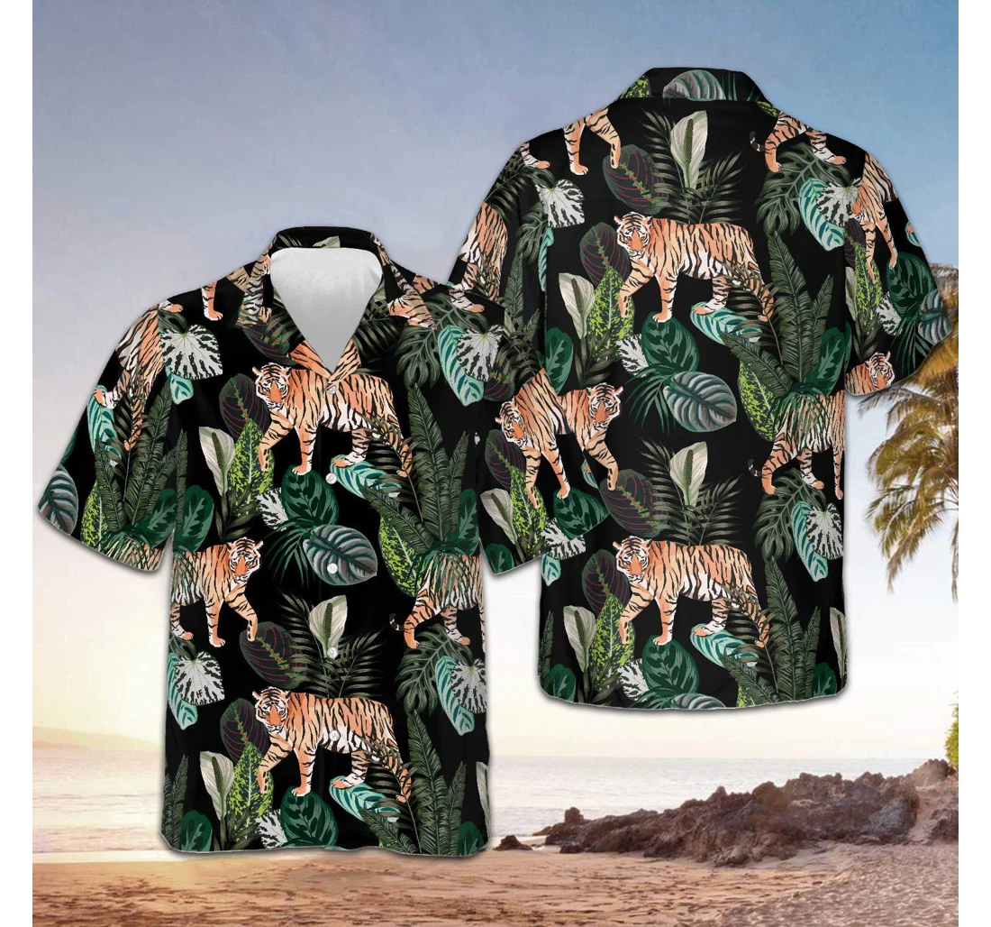 Personalized Dark Jungle Exotic Tiger Palm Hawaiian Shirt, Button Up Aloha Shirt For Men, Women