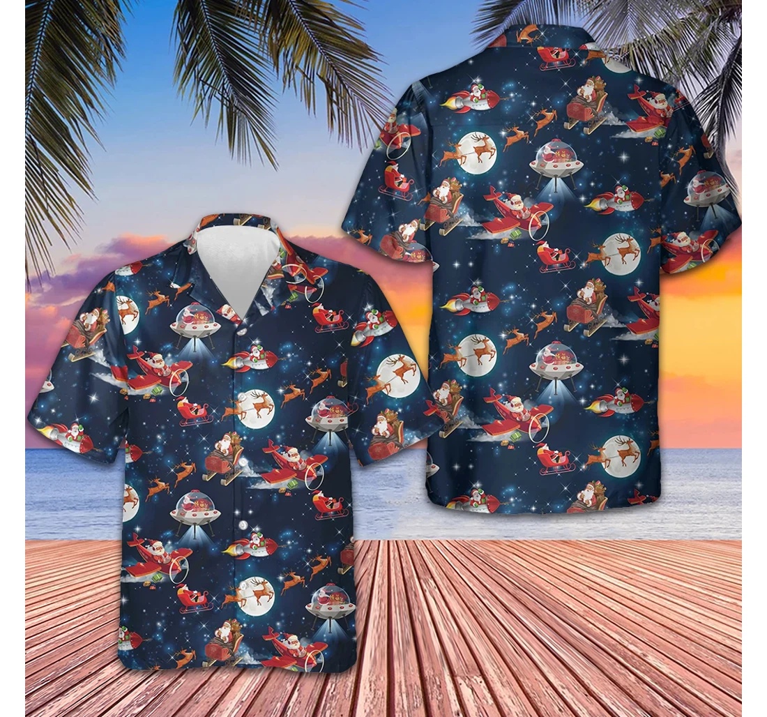 Personalized Christmas In Space Santa Claus And Reindeer Pattern Gifts Him Hawaiian Shirt, Button Up Aloha Shirt For Men, Women