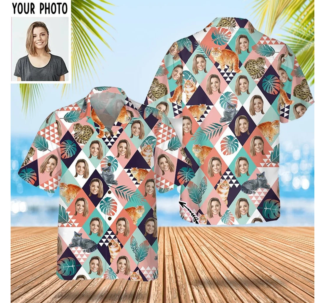 Personalized Custom Girlfriend Face Cat Personalized Gifts Him Hawaiian Shirt, Button Up Aloha Shirt For Men, Women