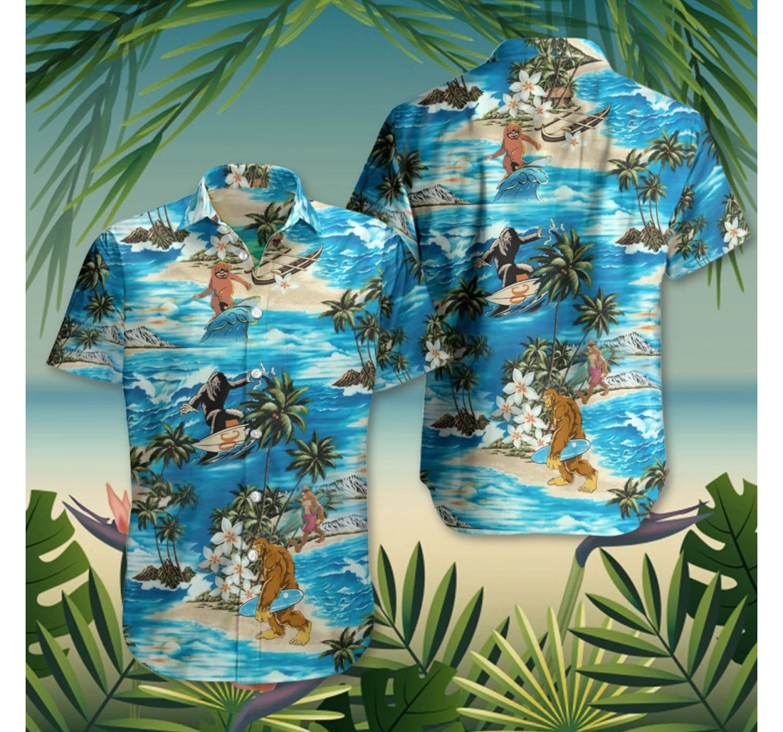 Personalized Bigfoot Surfing Wear Birthday Gifts Friends Hawaiian Shirt, Button Up Aloha Shirt For Men, Women