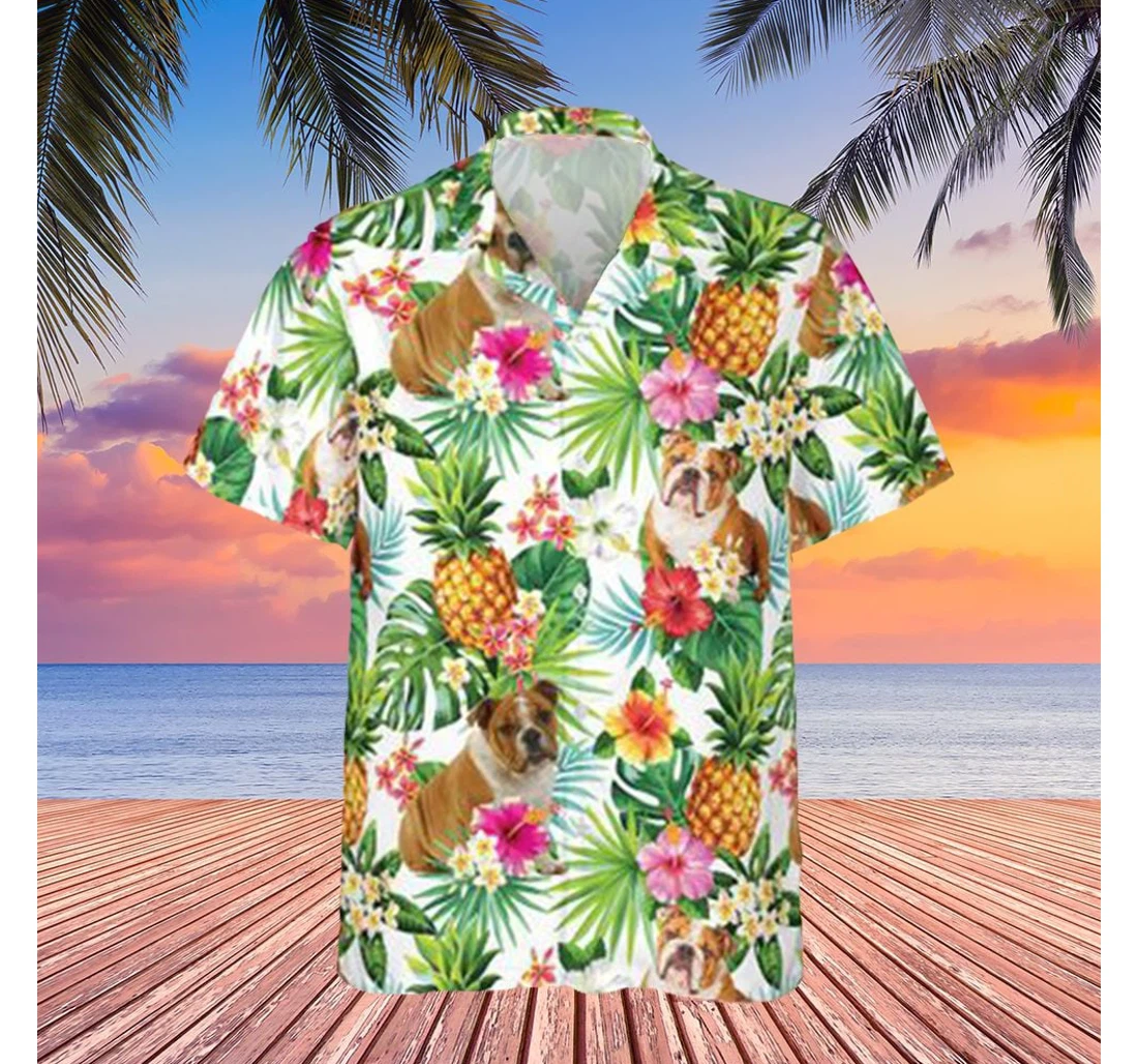 Personalized Bulldog Pineapple Dog Hibiscus Birthday Gifts Dad Hawaiian Shirt, Button Up Aloha Shirt For Men, Women