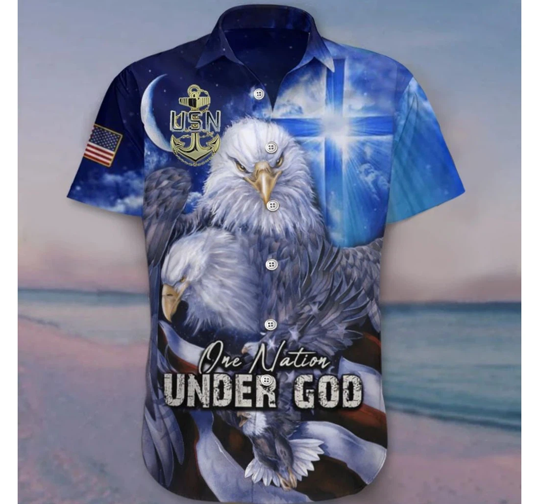 Personalized Us Navy Eagle One Nation Under God Patriotic Clothing Proud Navy Gift Dad Hawaiian Shirt, Button Up Aloha Shirt For Men, Women