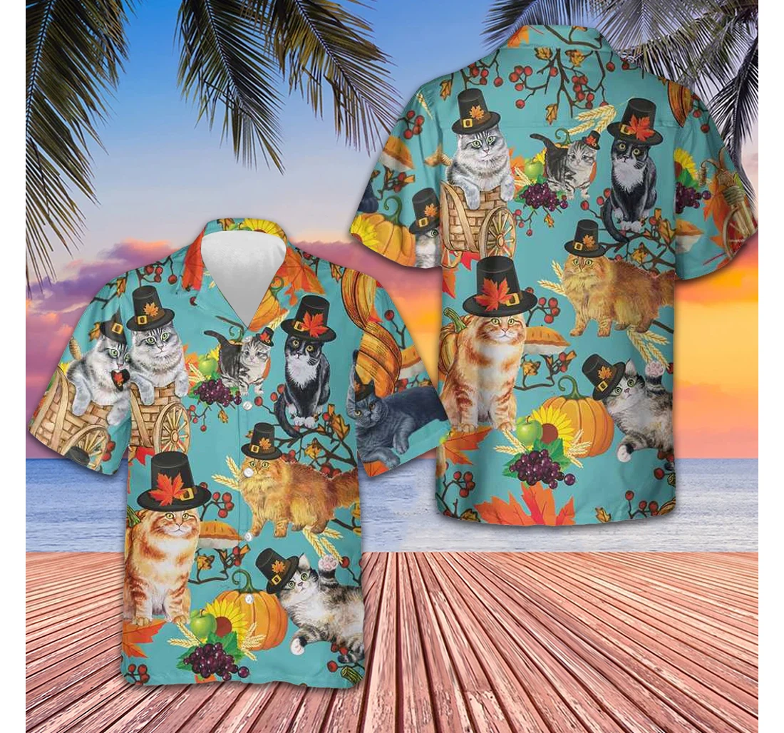 Personalized Cats Thanksgiving Cat Lovers Cute Thanksgiving Hawaiian Shirt, Button Up Aloha Shirt For Men, Women