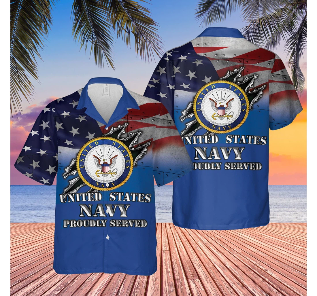 Personalized Us Navy Proud Served Logo Honor Navy Veteran Retirement Gift Independence Day Hawaiian Shirt, Button Up Aloha Shirt For Men, Women