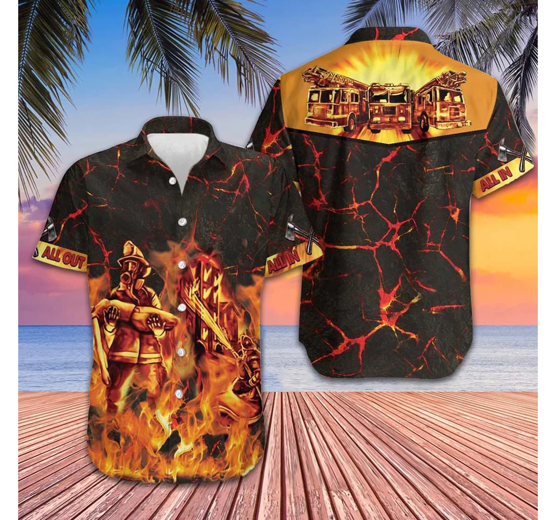 Personalized All In All Out Firefighter Fire Truck On Flame Firefighter Hawaiian Shirt, Button Up Aloha Shirt For Men, Women
