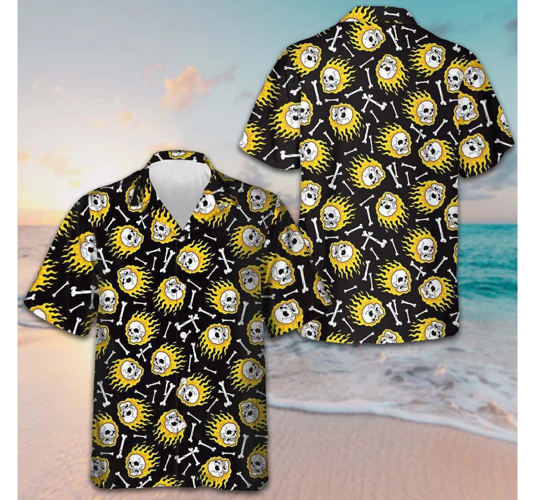Personalized Flaming Skull Pattern Unique Gifts Husband Hawaiian Shirt, Button Up Aloha Shirt For Men, Women