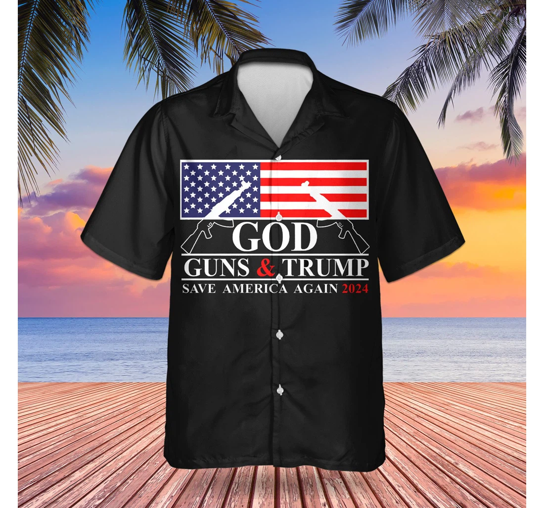 Personalized Trump Save American God Gun And Trump Election Campaign Merchandise Hawaiian Shirt, Button Up Aloha Shirt For Men, Women